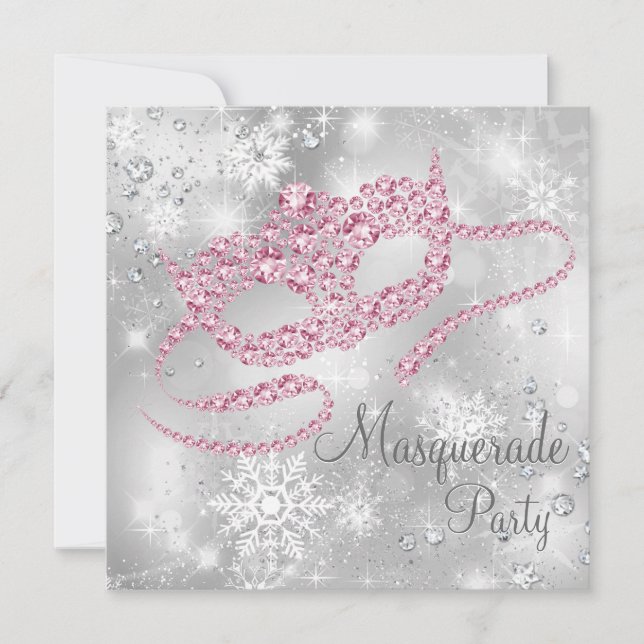 Elegantes Silver and Pink Masquerade Party Einladung (Vorderseite)