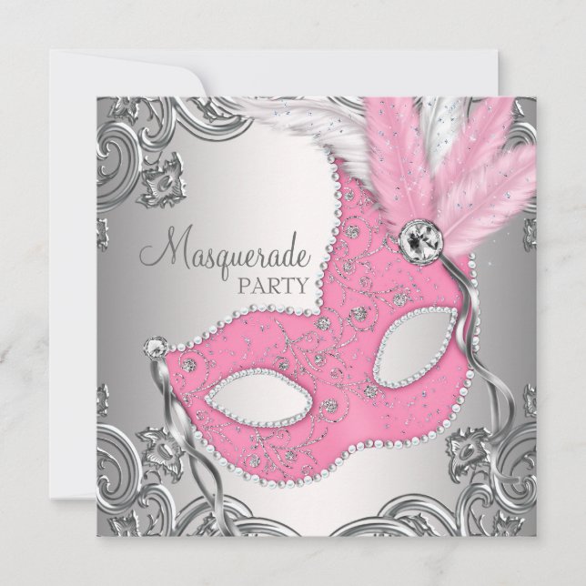 Elegantes Silver and Pink Masquerade Party Einladung (Vorderseite)