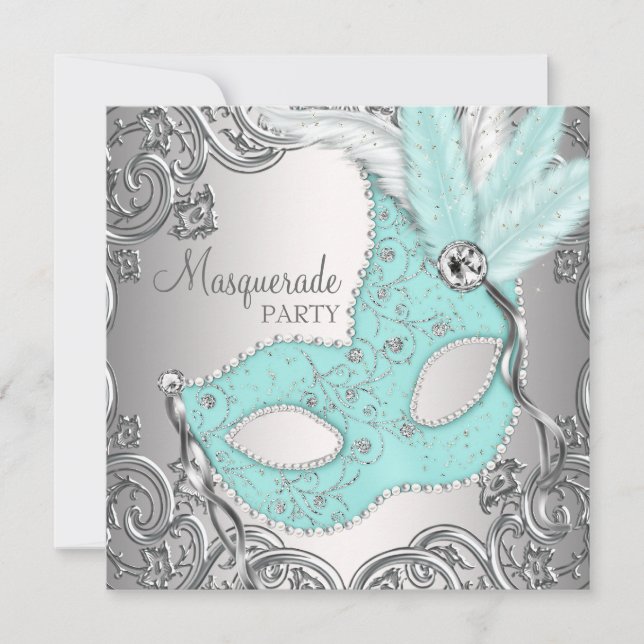 Elegantes Silver Aquamarin Blue Masquerade Party Einladung (Vorderseite)