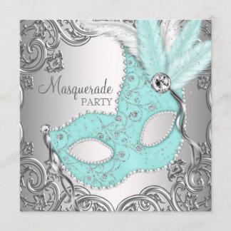 Elegantes Silver Aquamarin Blue Masquerade Party Einladung