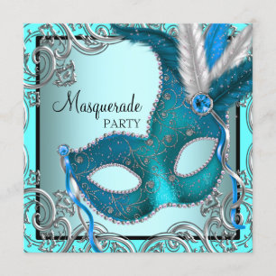 Elegantes Silver Aquamarin Blue Masquerade Party Einladung