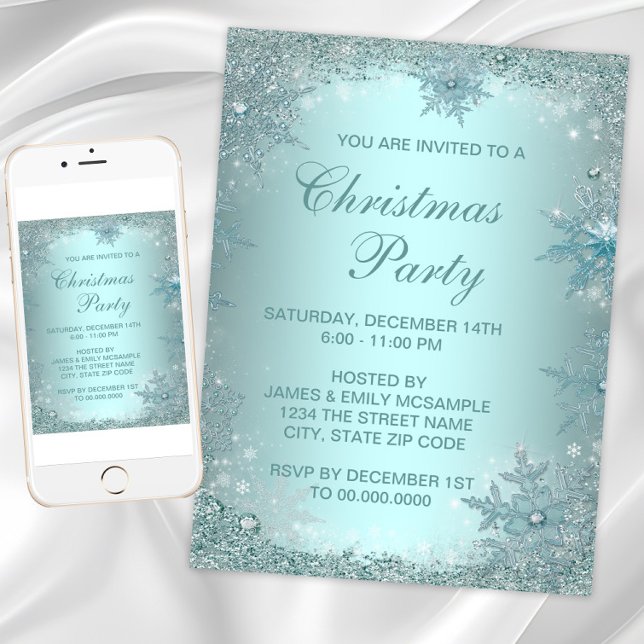 Elegantes Silver Aquamarin Blue Snowflake Weihnach Einladung (Snowflake Christmas & any occasion invitation. Instant download and printed invitations avialable)