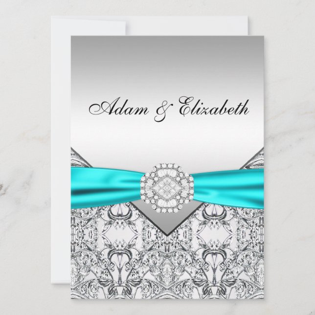 Elegantes Silver Aquamarin Blue Wedding Einladunge Einladung (Vorderseite)