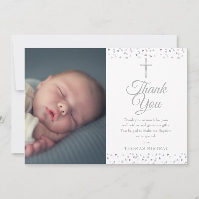 Elegantes Silver Baptism Christening Hearts Foto Dankeskarte (Vorderseite)