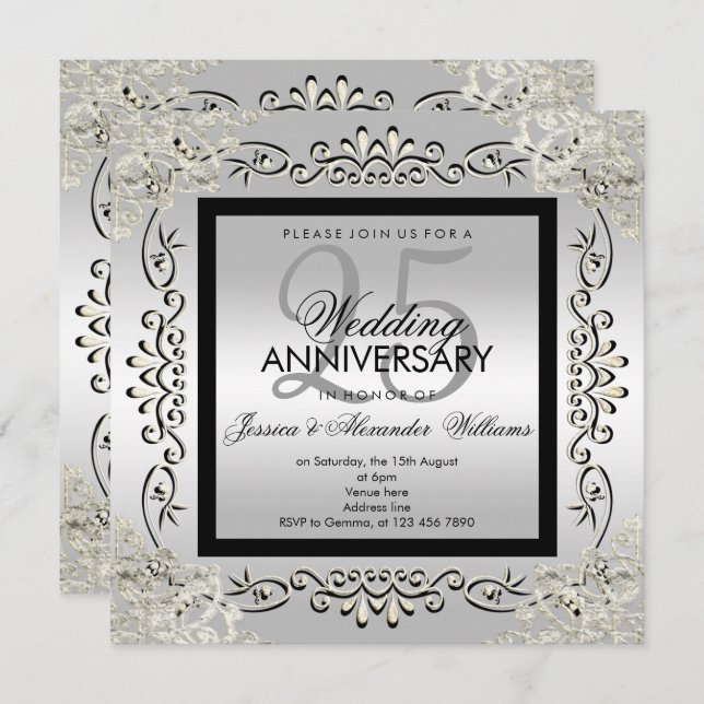 Elegantes Silver & Black 25. Hochzeitstag Einladung (Vorne/Hinten)
