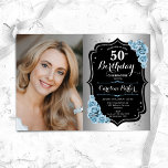 Elegantes Silver Black Blue Foto 50. Geburtstag Einladung<br><div class="desc">Elegante florale feminine 50. Geburtstagseinladung mit Ihrem Foto. Glam-Design mit Imitaten Silber. Enthält hellblaue Rose,  Skript-Schriftart und Konfetti. Ideal für ein stilvolles Party für Erwachsene. Personalisieren Sie Ihre persönlichen Daten. Kann für jedes Alter angepasst werden! Gedruckte Zazzle Einladungen oder Sofortdownload digitalen druckbaren Vorlage.</div>