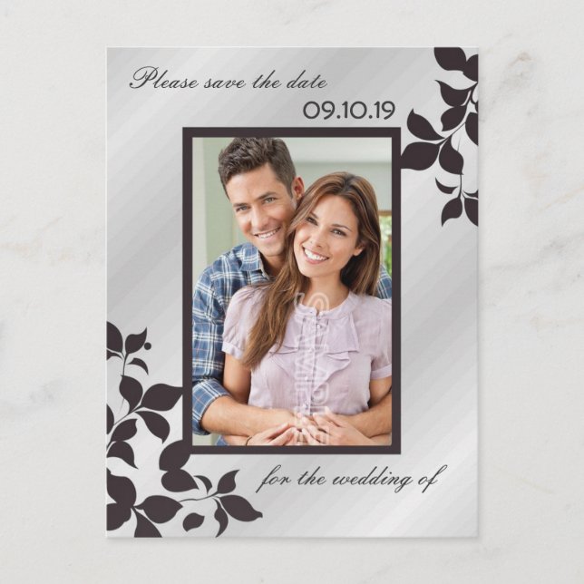 Elegantes Silver Black Floral Foto Save the Date Ankündigungspostkarte (Vorderseite)