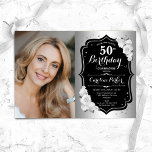 Elegantes Silver Black Foto 50. Geburtstag Einladung<br><div class="desc">Elegante florale feminine 50. Geburtstagseinladung mit Ihrem Foto. Glam-Design mit Imitaten Silber. Enthält weiße Rosen,  Skript-Schriftart und Konfetti. Ideal für ein stilvolles Party für Erwachsene. Personalisieren Sie Ihre persönlichen Daten. Kann für jedes Alter angepasst werden! Gedruckte Zazzle Einladungen oder Sofortdownload digitalen druckbaren Vorlage.</div>
