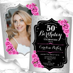 Elegantes Silver Black Pink Foto 50. Geburtstag Einladung<br><div class="desc">Elegante florale feminine 50. Geburtstagseinladung mit Ihrem Foto auf der Kartenrückseite. Glam-Design mit Imitaten Silber. Enthält rosa Rosen,  Skript-Schriftart und Konfetti. Ideal für ein stilvolles Party für Erwachsene. Personalisieren Sie Ihre persönlichen Daten. Kann für jedes Alter angepasst werden! Gedruckte Zazzle Einladungen oder Sofortdownload digitalen druckbaren Vorlage.</div>