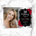 Elegantes Silver Black Rote Rosen Foto 50. Geburts Einladung<br><div class="desc">Elegante florale feminine 50. Geburtstagseinladung mit Ihrem Foto. Glam-Design mit Imitaten Silber. Enthält rote Rosen,  Skript-Schriftart und Konfetti. Ideal für ein stilvolles Party für Erwachsene. Personalisieren Sie Ihre persönlichen Daten. Kann für jedes Alter angepasst werden! Gedruckte Zazzle Einladungen oder Sofortdownload digitalen druckbaren Vorlage.</div>