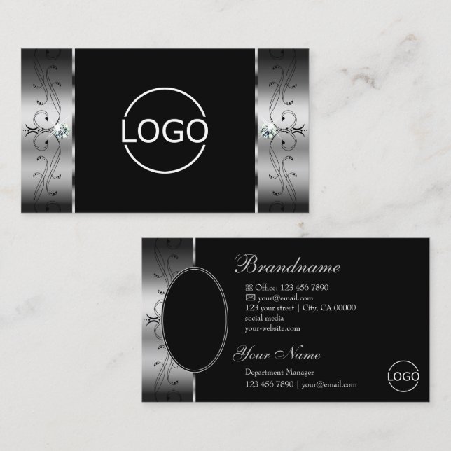 Elegantes Silver Black Squiggled Jewels Logo & Fot Visitenkarte (Vorne/Hinten)