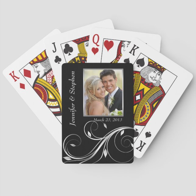 Elegantes Silver & Black Wedding Foto Spielkarten (Rückseite)