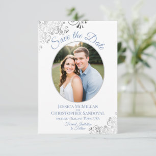 Elegantes Silver & Blue auf White Foto Wedding Save The Date