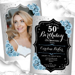 Elegantes Silver Blue Black Foto 50. Geburtstag Einladung<br><div class="desc">Elegante florale feminine 50. Geburtstagseinladung mit Ihrem Foto auf der Kartenrückseite. Glam-Design mit Imitaten Silber. Enthält hellblaue Rose,  Skript-Schriftart und Konfetti. Ideal für ein stilvolles Party für Erwachsene. Personalisieren Sie Ihre persönlichen Daten. Kann für jedes Alter angepasst werden! Gedruckte Zazzle Einladungen oder Sofortdownload digitalen druckbaren Vorlage.</div>