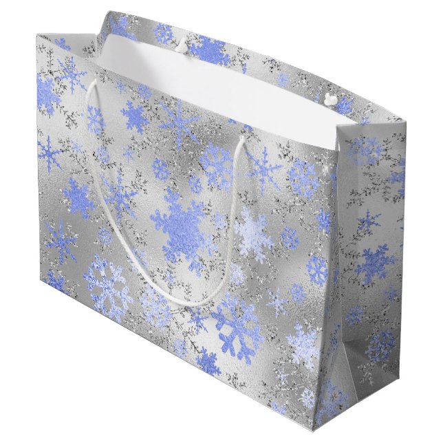 Elegantes Silver Blue Weihnachten Schneeflocken Mu Große Geschenktüte (Rückseite Schrägansicht)
