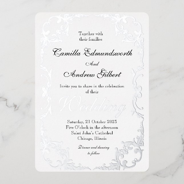 Elegantes Silver Blüh Border Wedding Folieneinladung (Vorderseite)