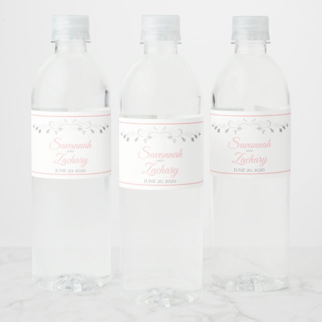 Elegantes Silver Blühe Rosa-Script-Hochzeit Wasserflaschenetikett (Flaschen)