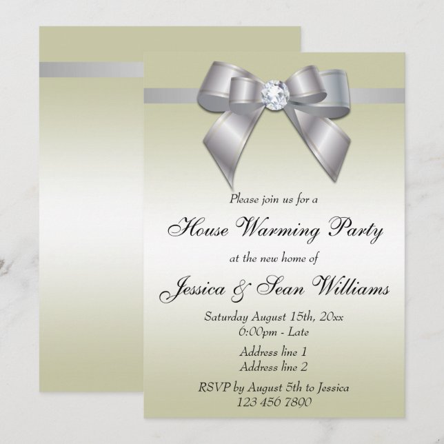 Elegantes Silver Bow House Erwärmung Party Einladung (Vorne/Hinten)