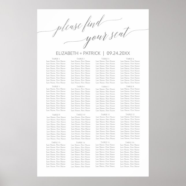 Elegantes Silver Calligraphy Seating Chart Poster (Vorne)