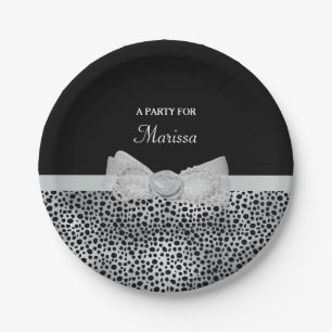 Elegantes Silver Cheetah Print Frilly Bow Party Na Pappteller