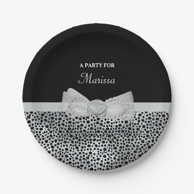 Elegantes Silver Cheetah Print Frilly Bow Party Na Pappteller (Vorderseite)