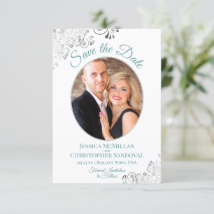 Elegantes Silver Curls Foto Aquamarin auf White We Save The Date