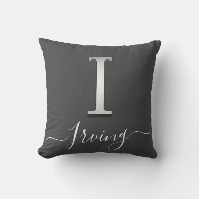 Elegantes Silver Custom Monogram I Name Throw Pill Kissen (Vorderseite)