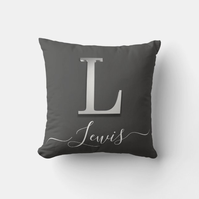 Elegantes Silver Custom Monogram L Name Throw Pill Kissen (Vorderseite)
