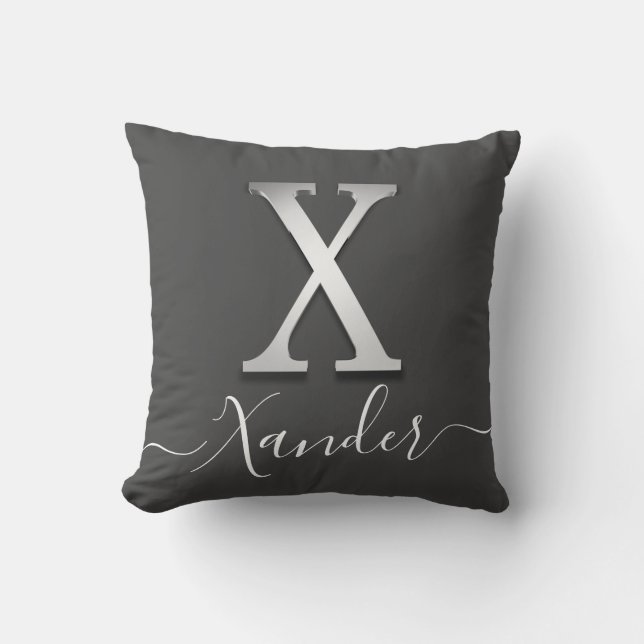 Elegantes Silver Custom Monogram X Name Throw Pill Kissen (Vorderseite)