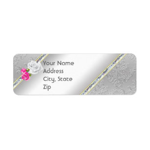 Elegantes Silver Damask und rosa Rose Address Labe