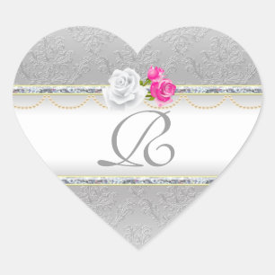Elegantes Silver Damask und rosa Rose Monogramm Herz-Aufkleber