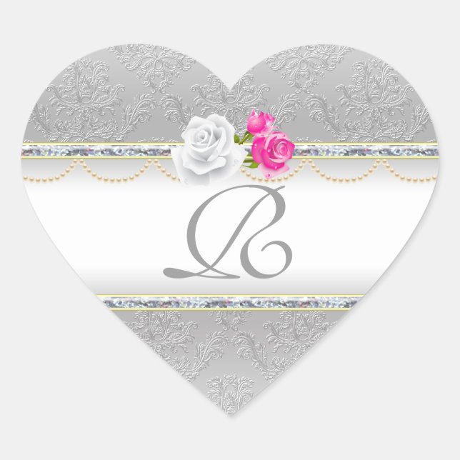Elegantes Silver Damask und rosa Rose Monogramm Herz-Aufkleber (Vorderseite)