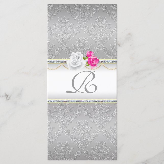 Elegantes Silver Damask und rosa Rose Monogramm Programm (Vorderseite)