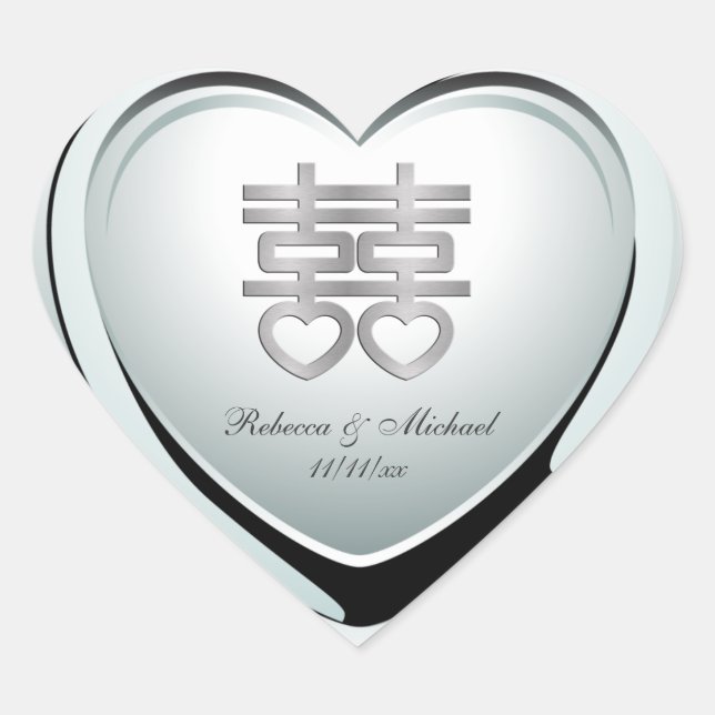 Elegantes Silver Double Happiness Herz Herz-Aufkleber (Vorderseite)