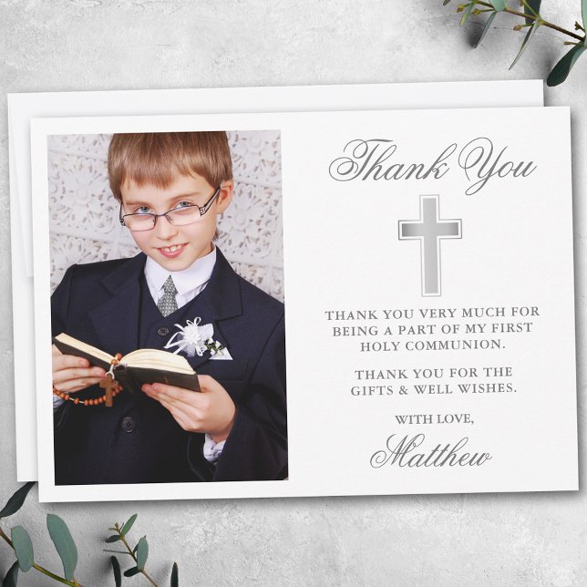 Elegantes Silver First Holy Communion Foto Dankeskarte (Customize to change text size, style, color or to add more text or photos to back of card.)