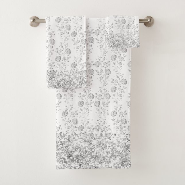 Elegantes Silver Floral Glittery Glam Badetuch Set (Insitu)