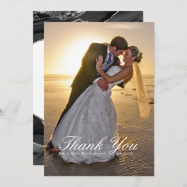 Elegantes Silver Foil Black Agate Wedding Foto Dankeskarte (Vorne/Hinten)