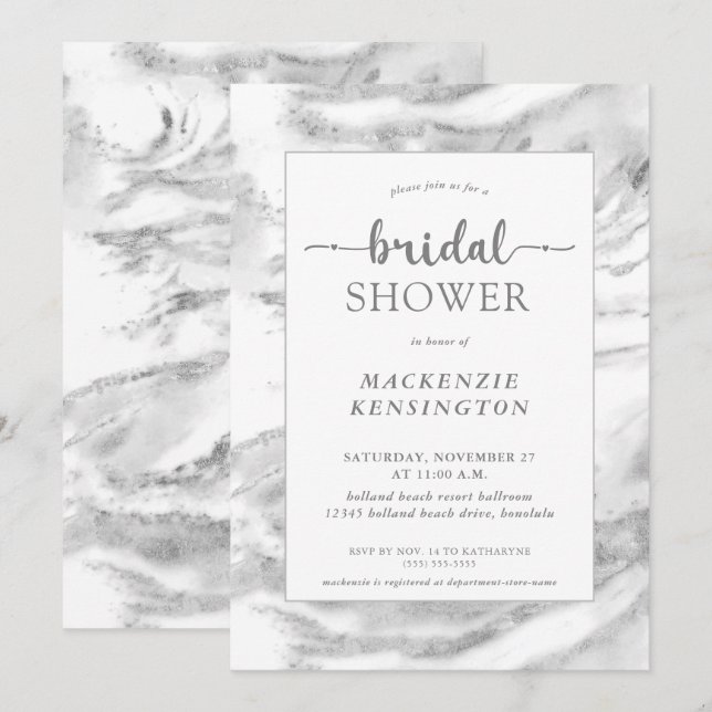Elegantes Silver Foil Marmor Brautparty Einladung (Vorne/Hinten)