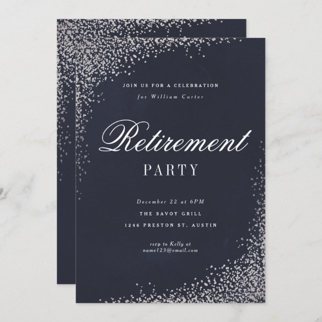 Elegantes Silver Foil Script Retirement Party Einladung (Vorne/Hinten)
