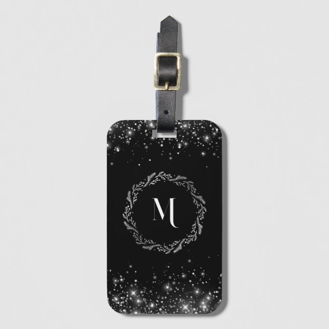 Elegantes Silver Glitzer Black Monogram Gepäckanhänger (Vorderseite Vertikal)