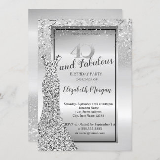 Elegantes Silver Glitzer Dress 40. Geburtstag Part Einladung