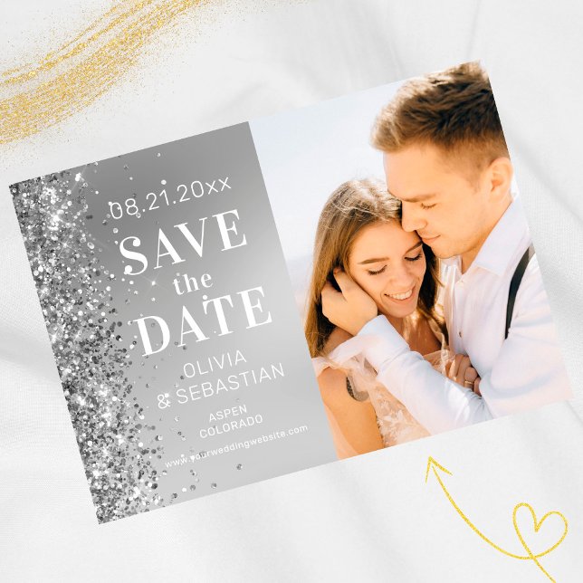 Elegantes Silver Glitzer Foto Hochzeit speichern S Save The Date (Von Creator hochgeladen)