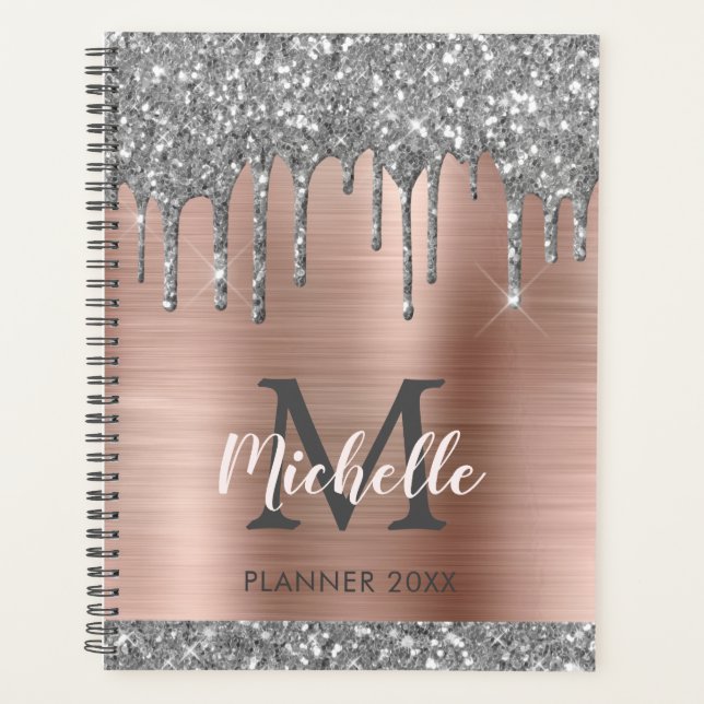 Elegantes Silver Gold Glitzer Tropfen Monogramm 20 Planer (Vorderseite)