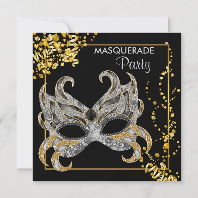 Elegantes Silver Gold Masquerade Party Einladung (Vorderseite)