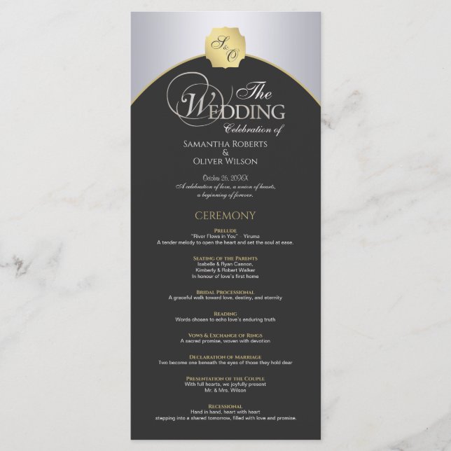 Elegantes Silver Gold Monogram Wedding Program Programm (Vorderseite)