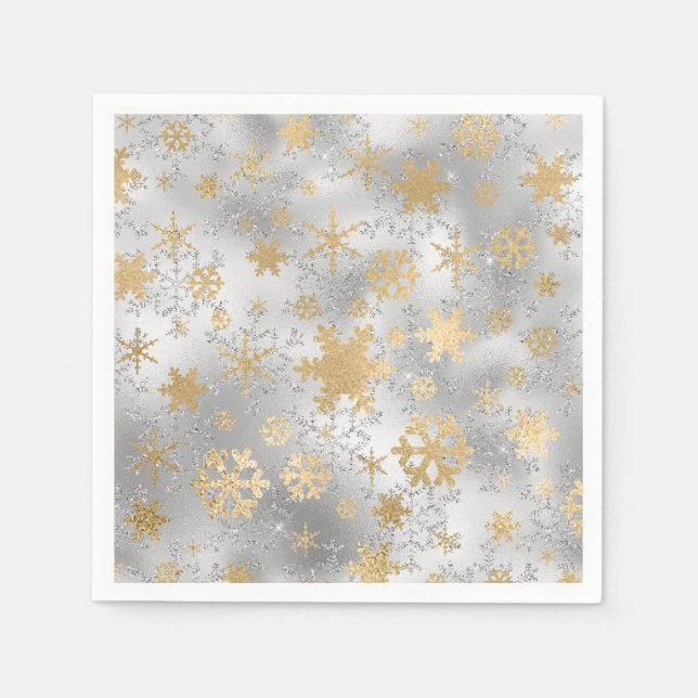 Elegantes Silver Gold Snowflake Muster Serviette (Vorderseite)
