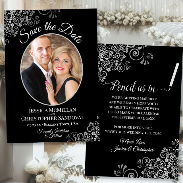 Elegantes Silver Gray & Black Wedding Foto Extrava Save The Date (Front/Back)