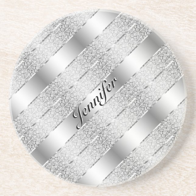 Elegantes Silver Gray Metallic Stripes Monogramm Getränkeuntersetzer (Vorne)