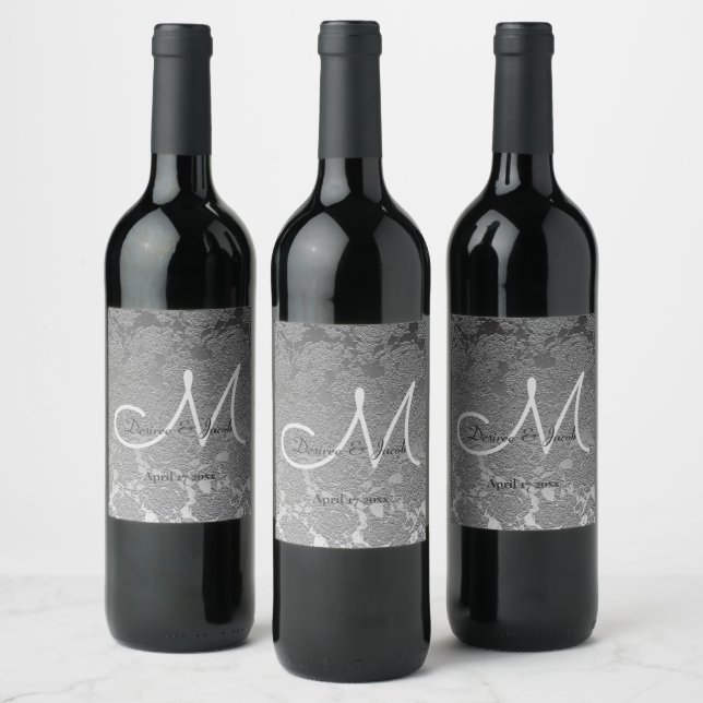 Elegantes Silver Gray Wedding Reception Monogram Weinetikett (Flaschen)