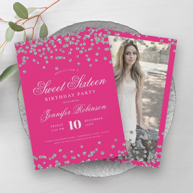 Elegantes Silver Hot Pink Confetti Foto Sweet 16 Einladung (Elegant Silver Hot Pink Confetti Photo Sweet 16 Invitation)